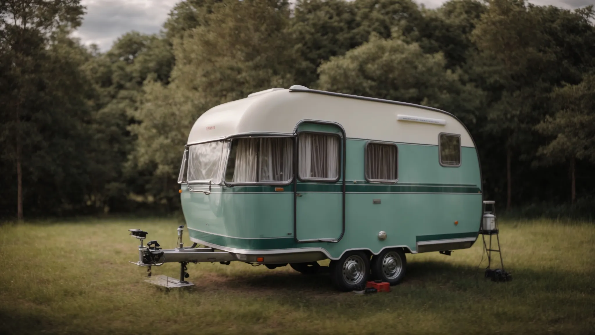 a caravan parked on a serene campsite with a visible jockey wheel stand supporting its front end.