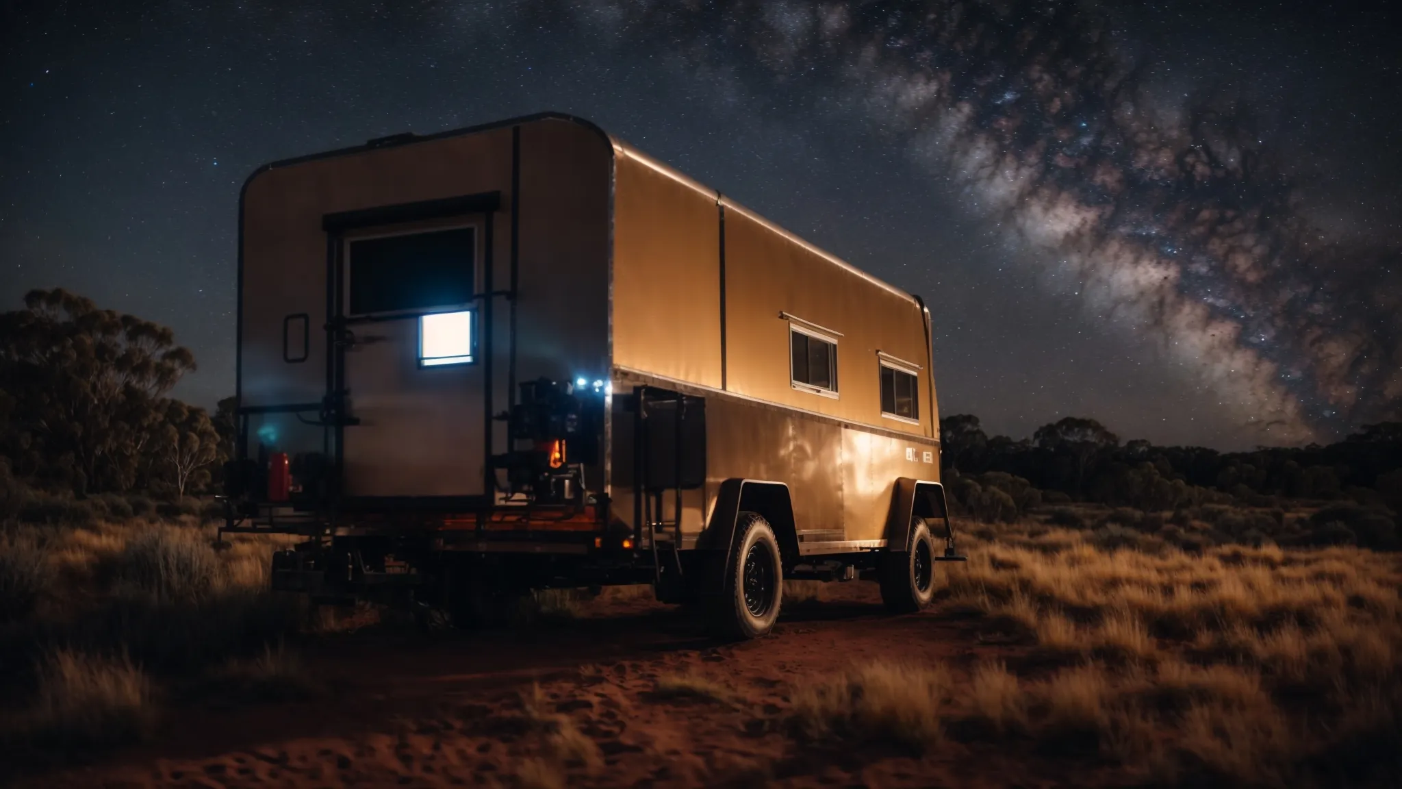 a rugged off-grid trailer parked amidst the expansive australian wilderness, under a vast, starry sky.