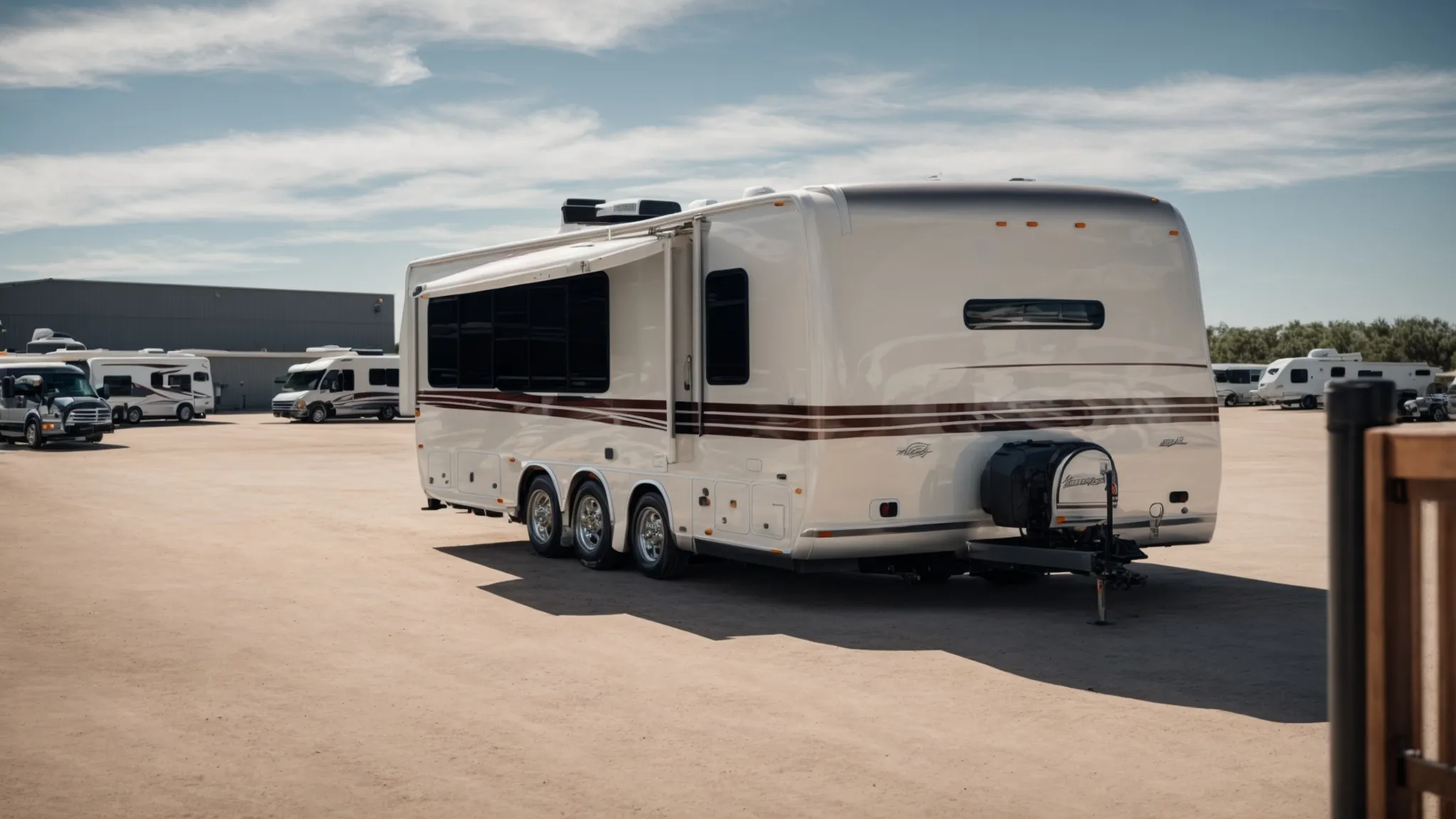 a pristine rv parked securely within a high-end, spacious storage facility, showcasing advanced security and maintenance systems.