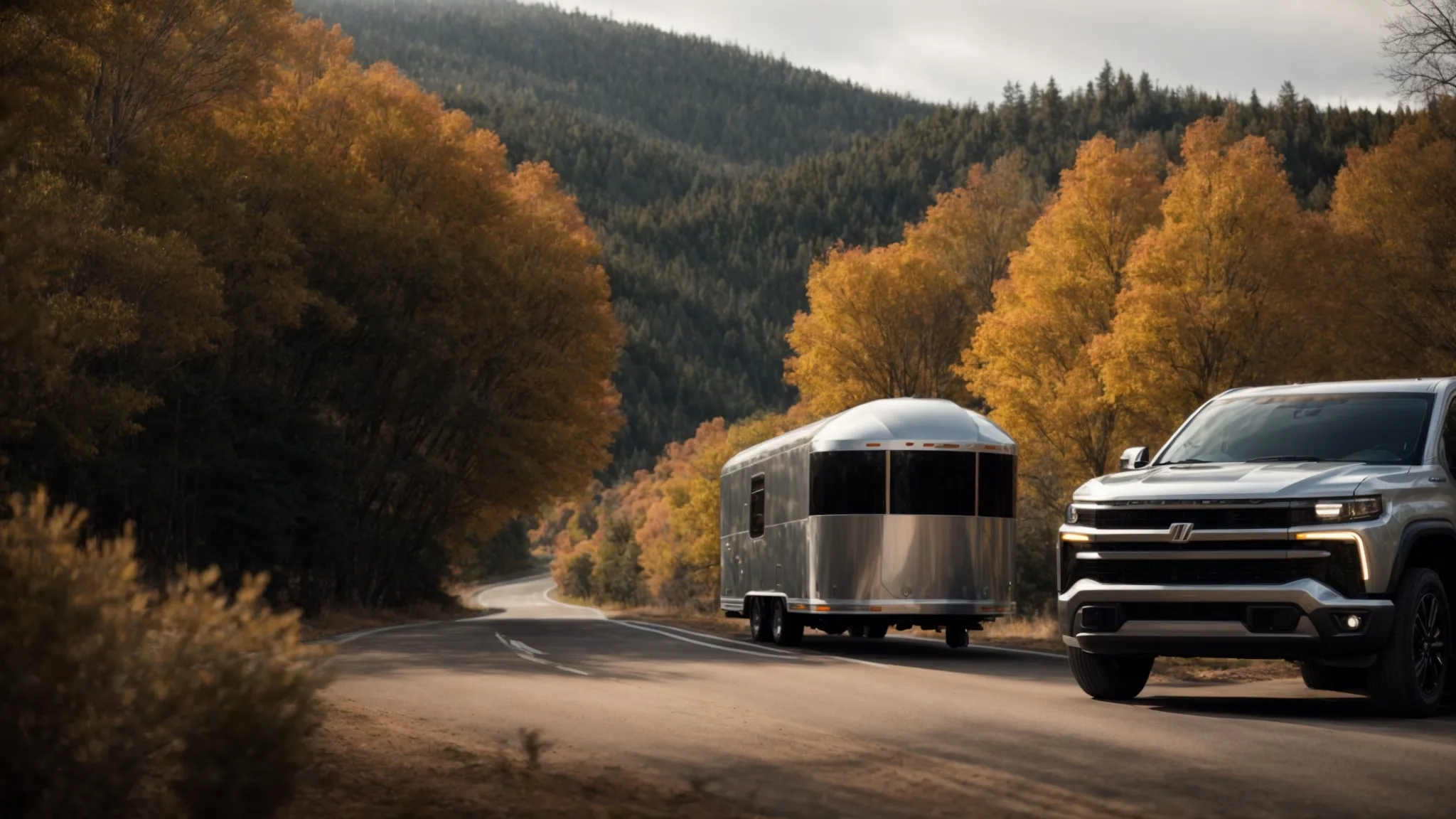 a sleek, modern trailer hitched to a vehicle, ready for an adventurous journey on an open road with landscapes stretching out on either side.