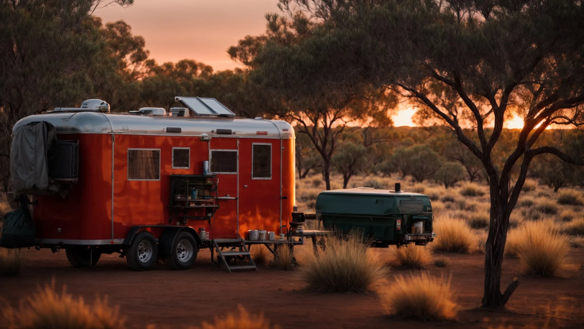 a rugged off-grid trailer parked amidst the expansive, wild australian outback under a vibrant sunset.