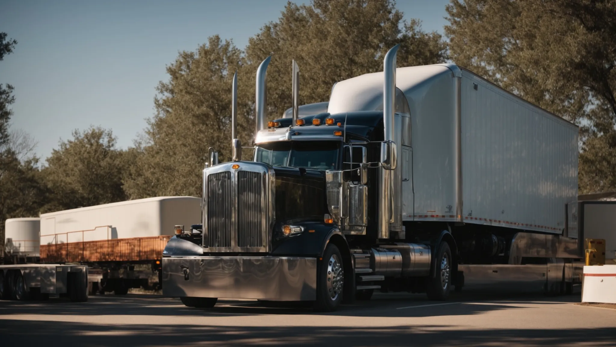 a semi trailer parked under a bright sun, casting a long shadow on an open lot.