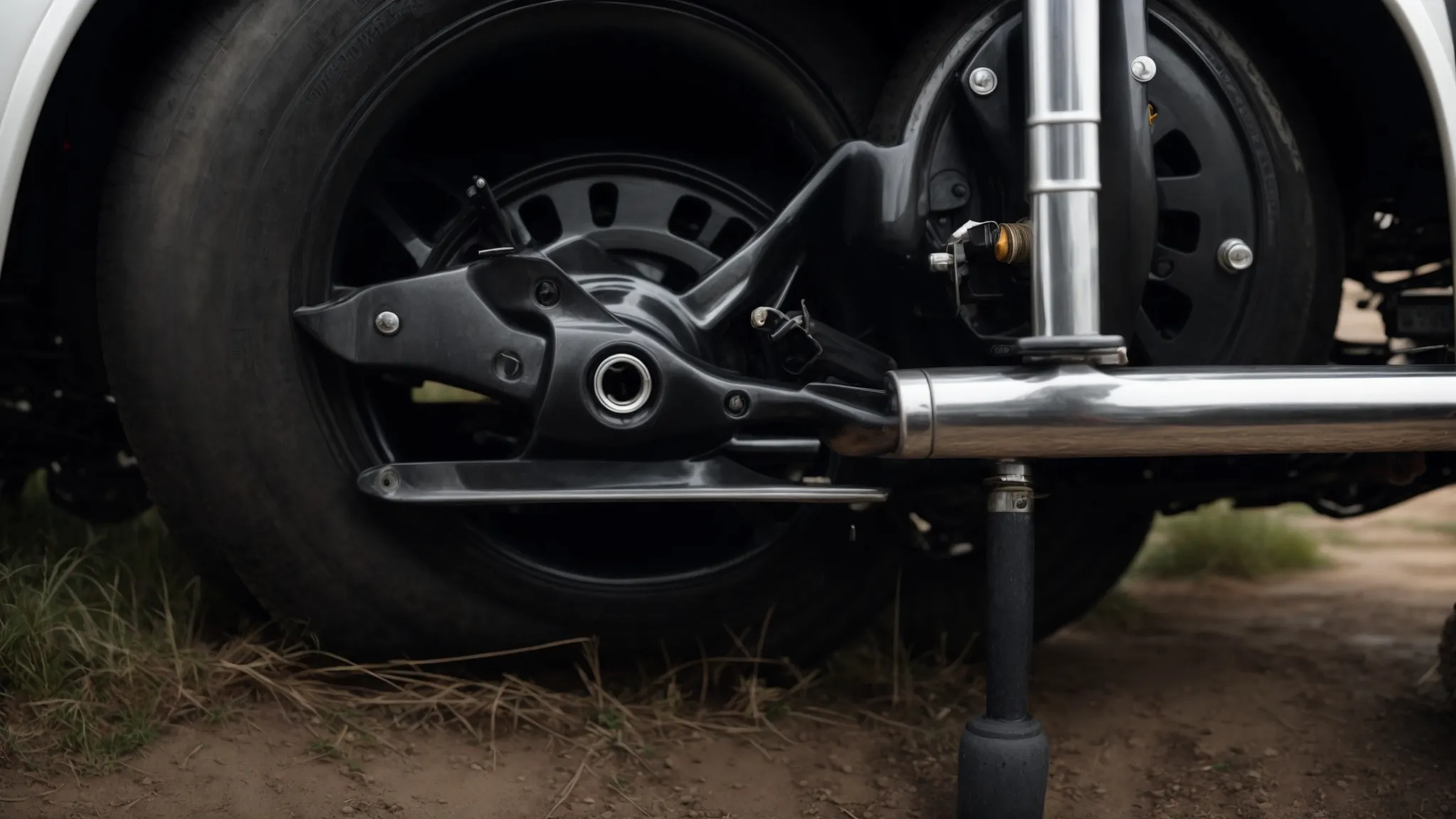 a close-up of a trailer suspension system, focusing on springs and dampers nestled under a vehicle, without showing any brand markings.