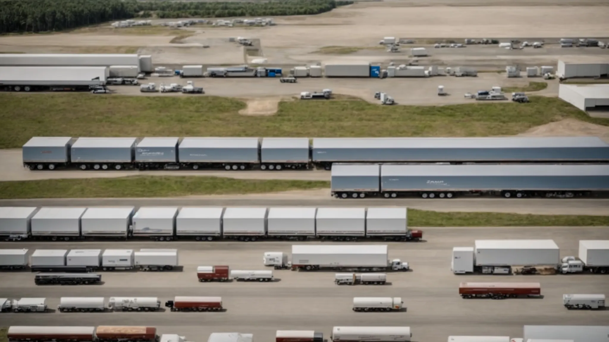 an expansive parking lot filled with an array of semi trailers under the broad daylight, showcasing both gleaming new models and shadowed, pre-owned units.