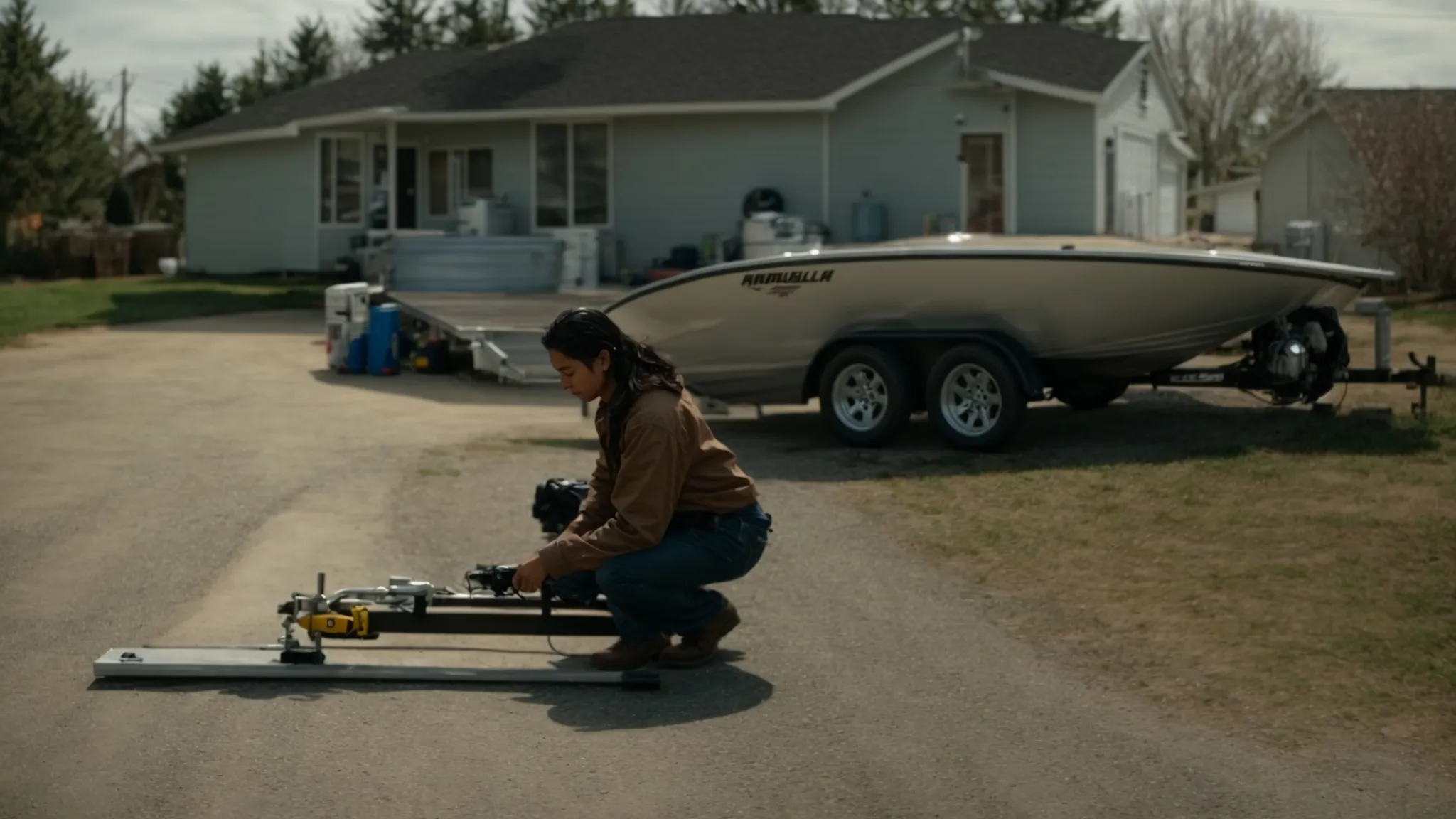 a person kneeling beside a boat trailer in a driveway, adjusting a large bolt on the trailer's suspension system.