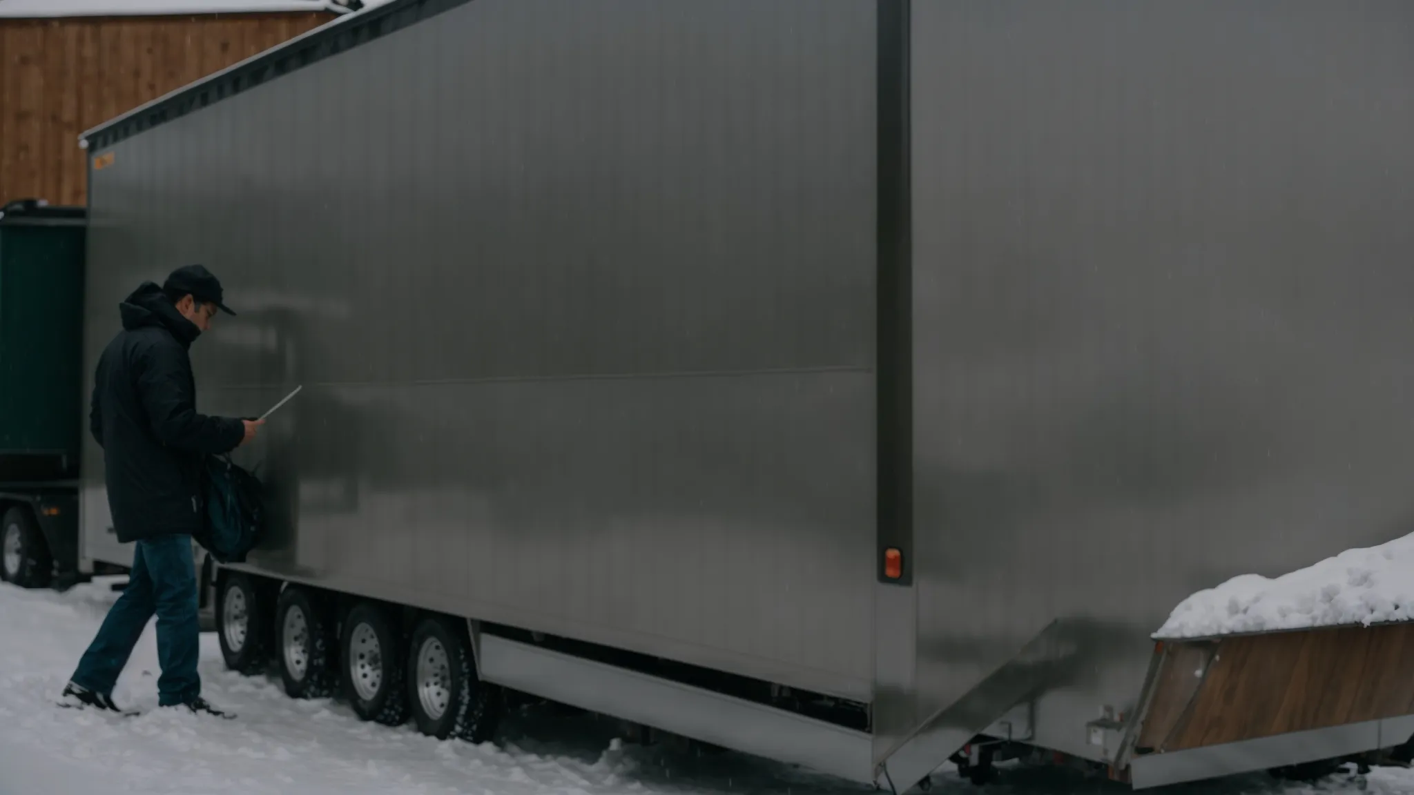 a person inspects the exterior of a weatherproofed box trailer, surrounded by varying weather elements.