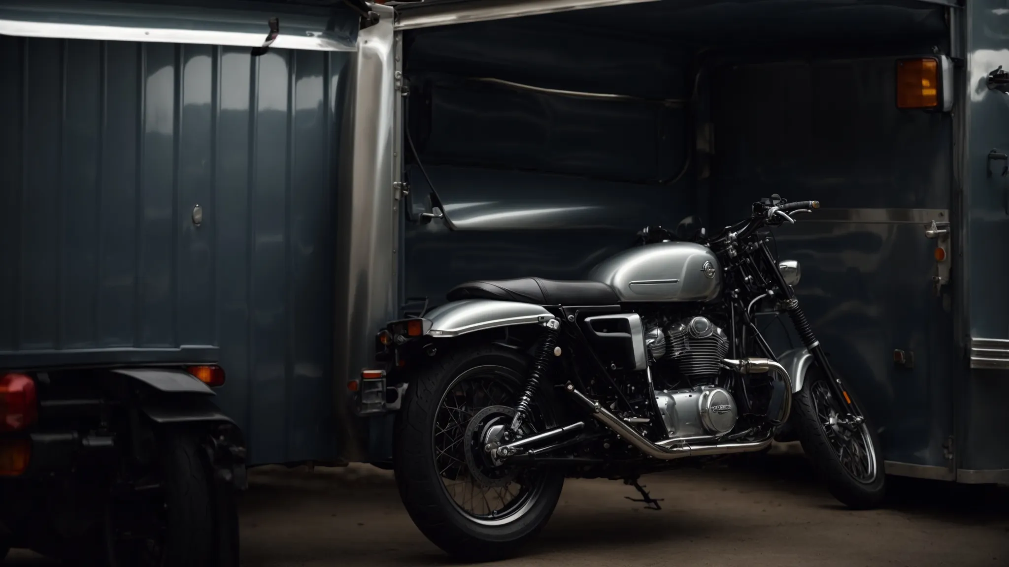 a gleaming motorcycle rests securely inside a spotless enclosed trailer, shielded from the outside world.