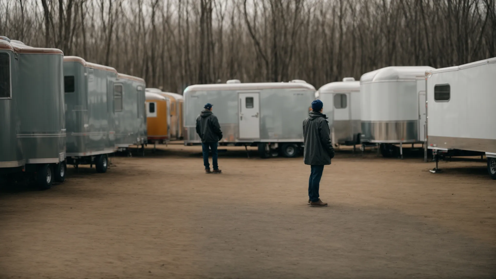 a person standing before a row of brand new trailers, thoughtfully considering their options.