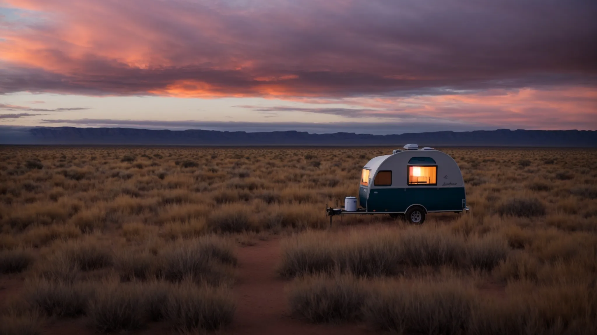 a hybrid camper trailer stands prominently amidst the vast australian outback, silhouetted against the breaking dawn.