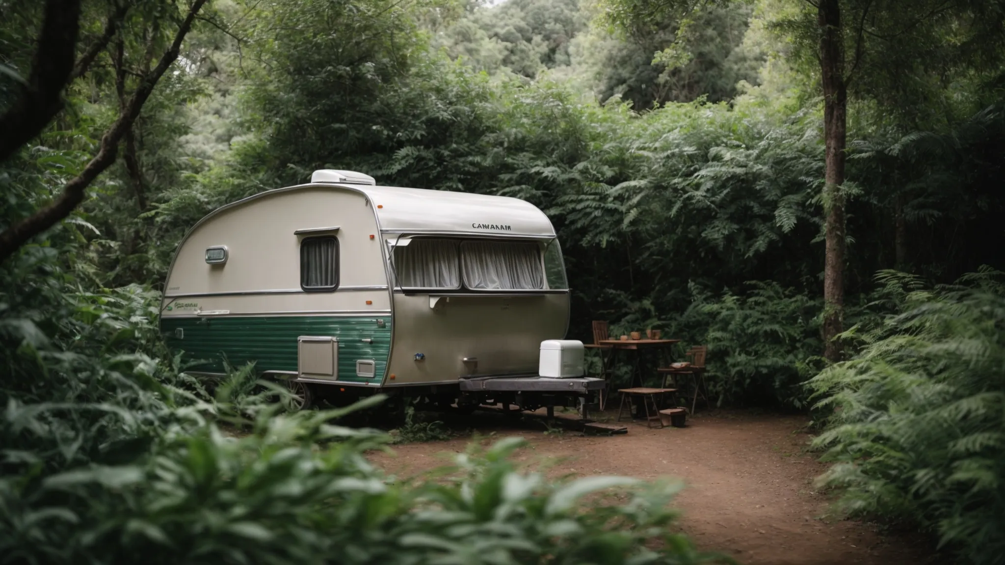 a caravan parked on a serene campsite with its jockey wheel stand clearly visible, surrounded by lush greenery.