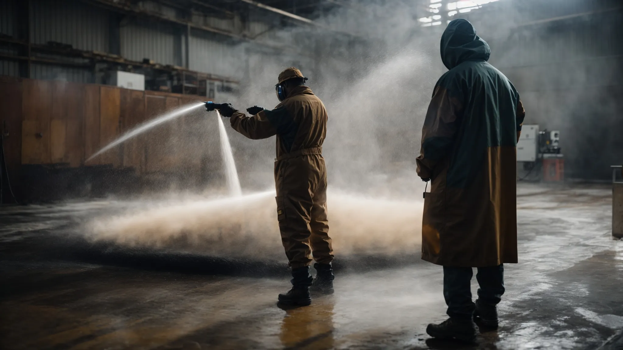 a worker sprays a protective coating on a large metal surface in a well-ventilated workshop.