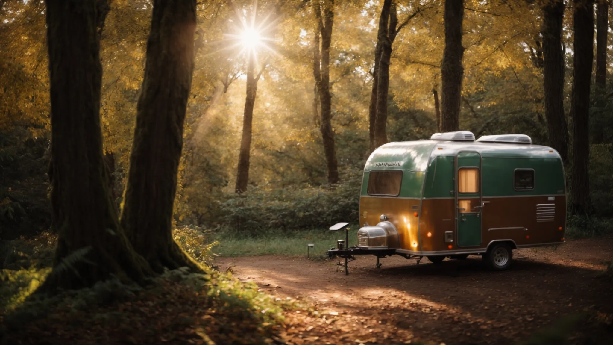 a compact caravan parked in nature, surrounded by trees, with sunshine filtering through the leaves.