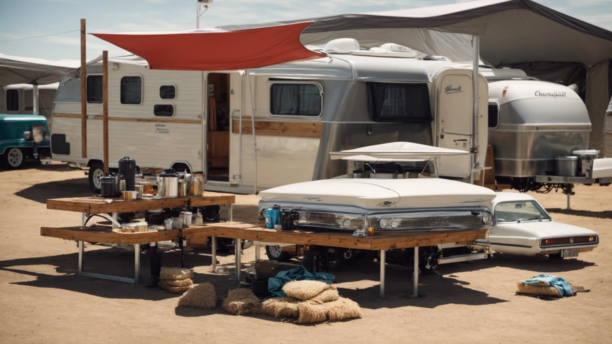 a vast array of hitch options displayed next to a camper trailer under the open sky.