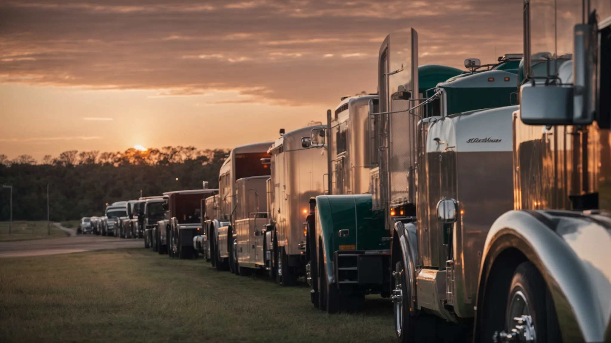 a wide, open landscape showcasing a variety of car haulers lined up, with the sun setting in the background.