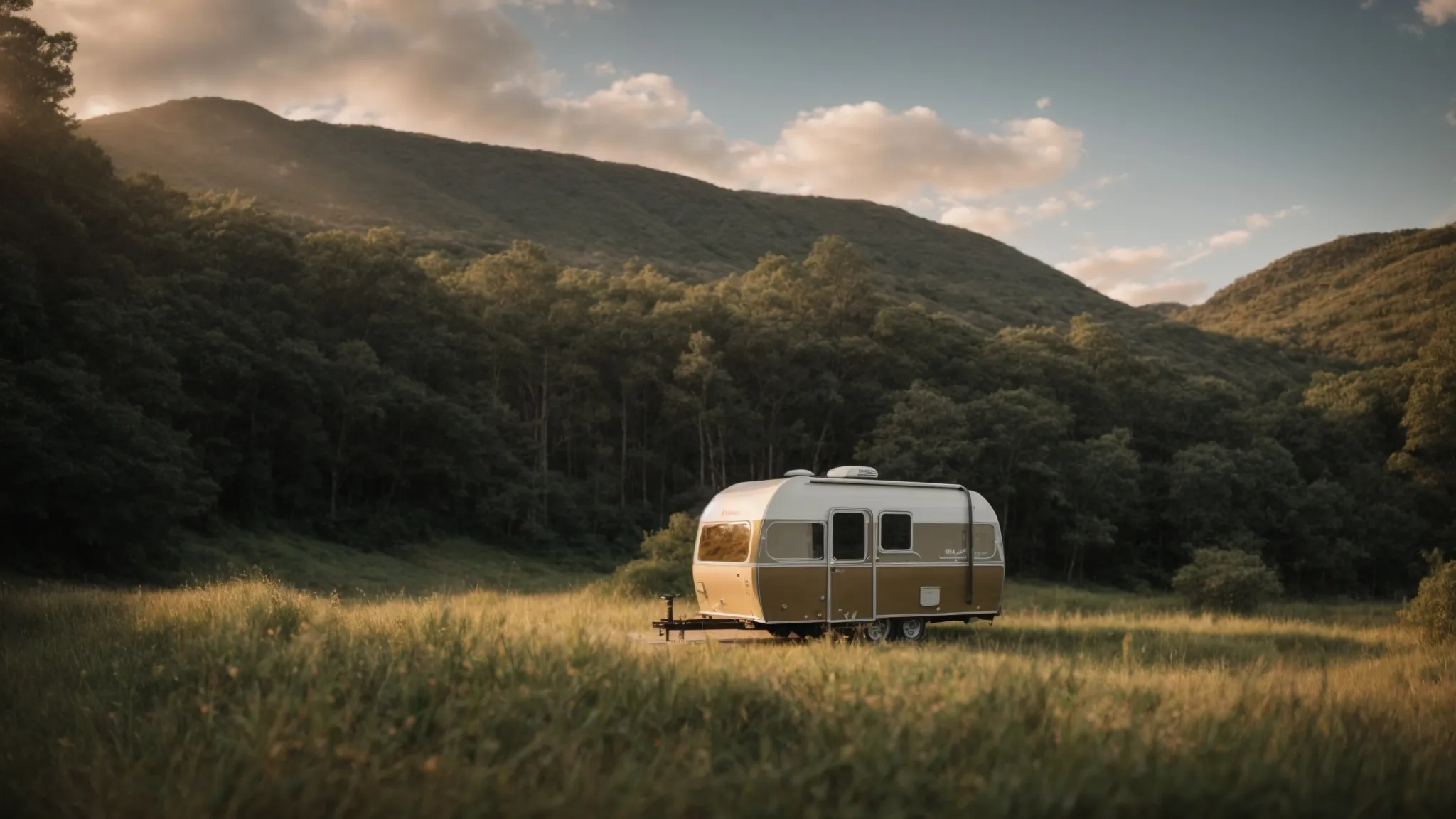 a compact caravan parked amidst serene nature, highlighting its lightweight structure and space-efficient design.