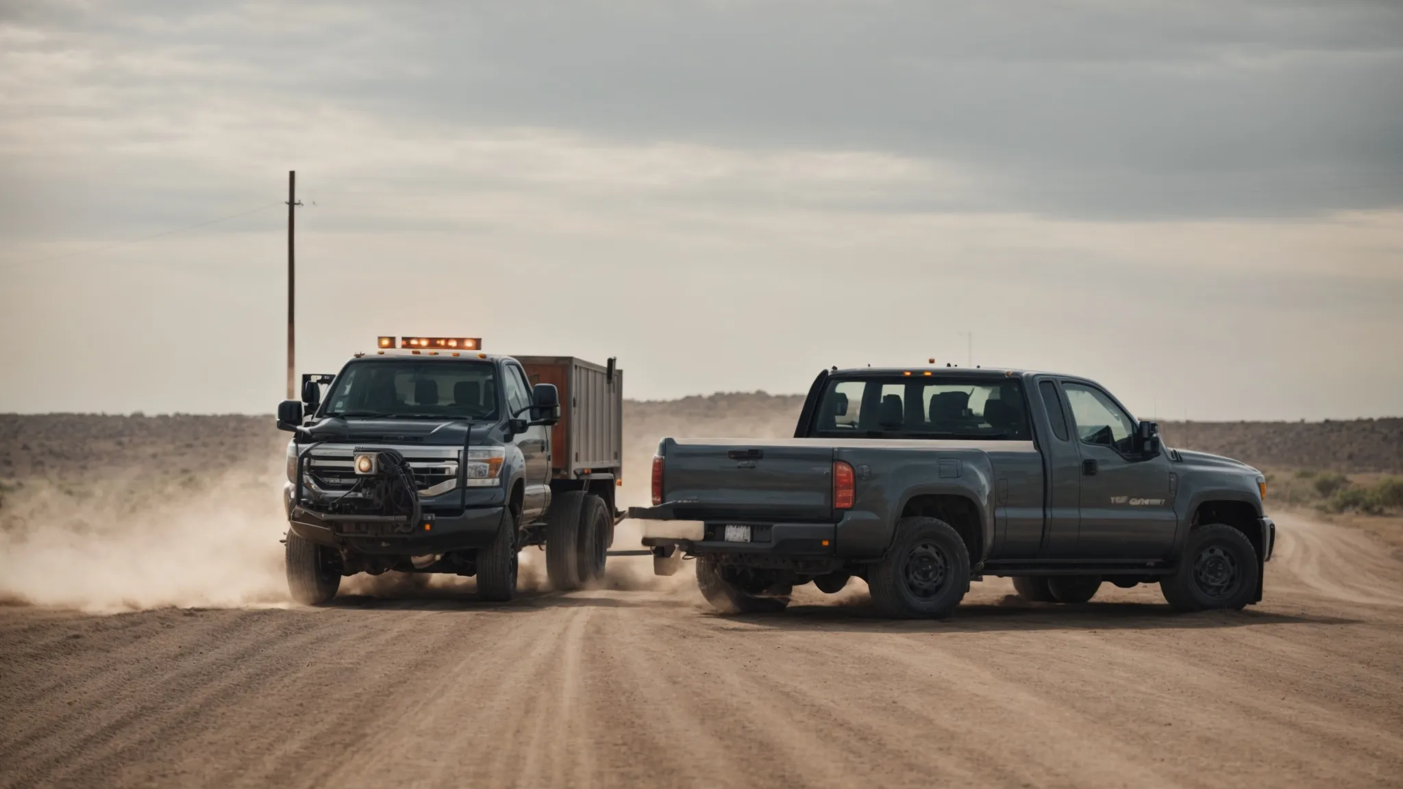 a truck parked on a gravel road, hitched to a trailer with a clearly visible drop down tow hitch connecting them.