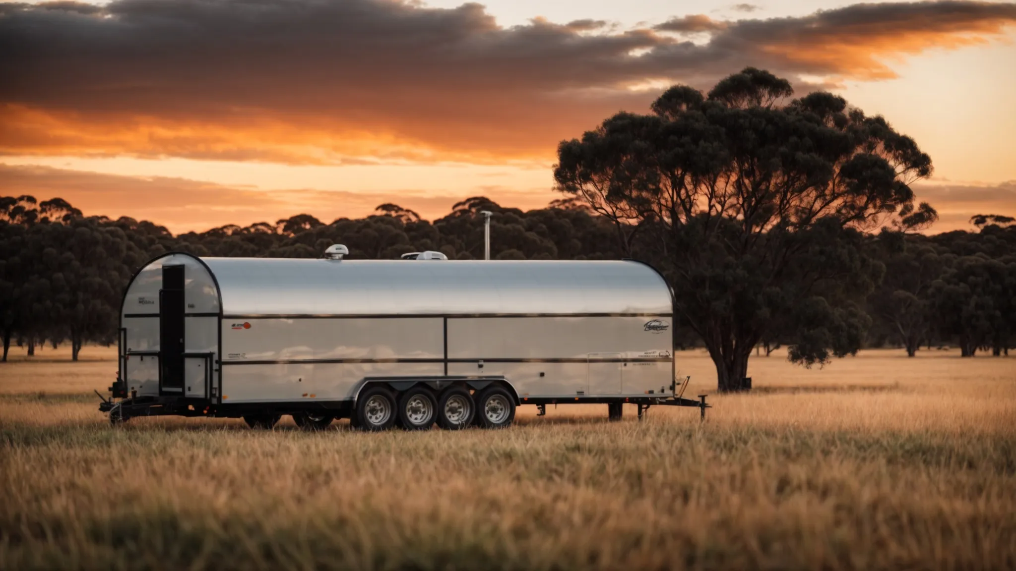 a sturdy farm trailer stands prominently in an expansive australian field, illuminated by the vibrant sunset.