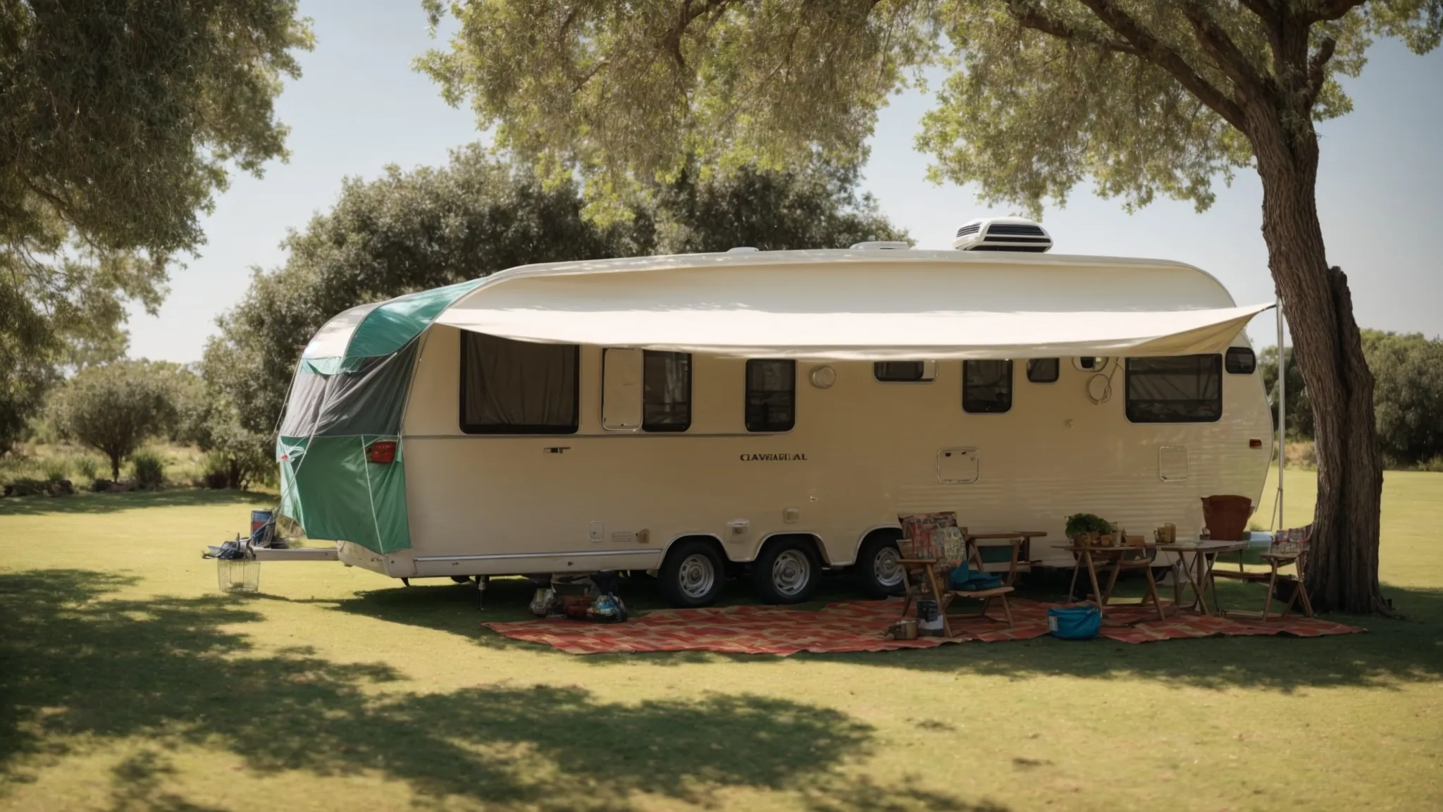 a caravan parked under the shade, with a new awning fabric spread out on the grass beside it, waiting to be installed.