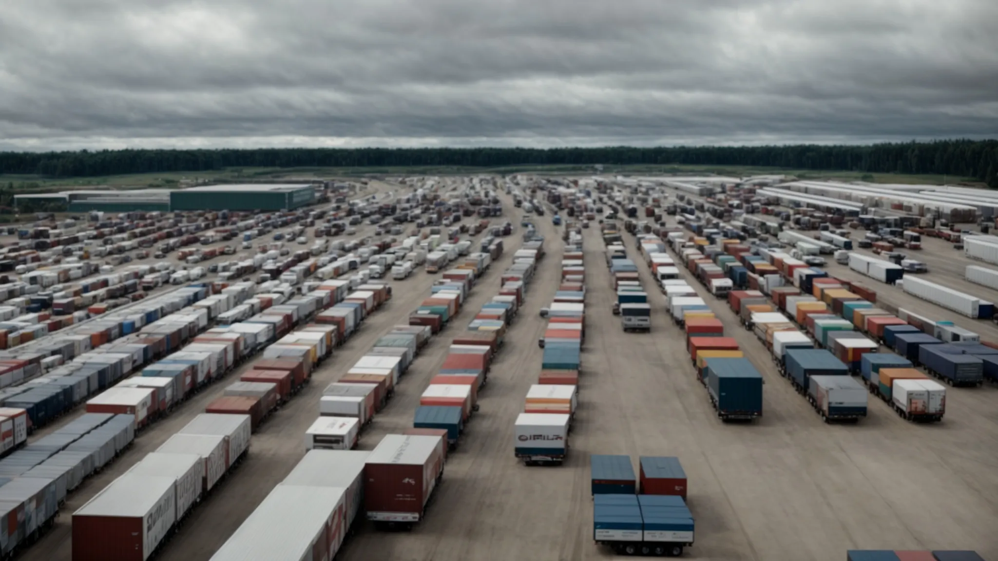 a vast parking lot filled with a variety of semi trailers under a vast, cloudy sky.