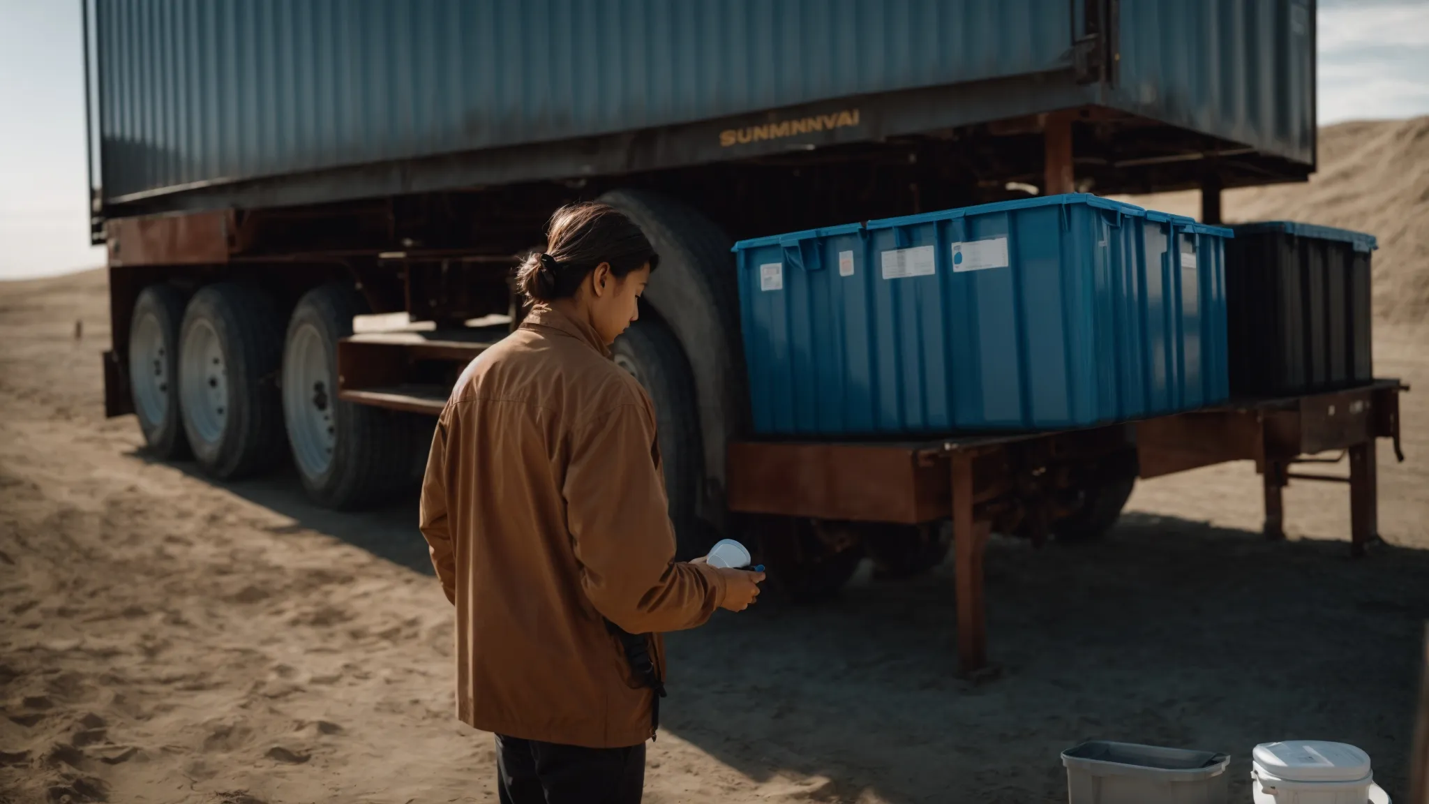 a person stands contemplatively next to an open box trailer under a clear blue sky, evaluating two unbranded sealant containers in their hands.