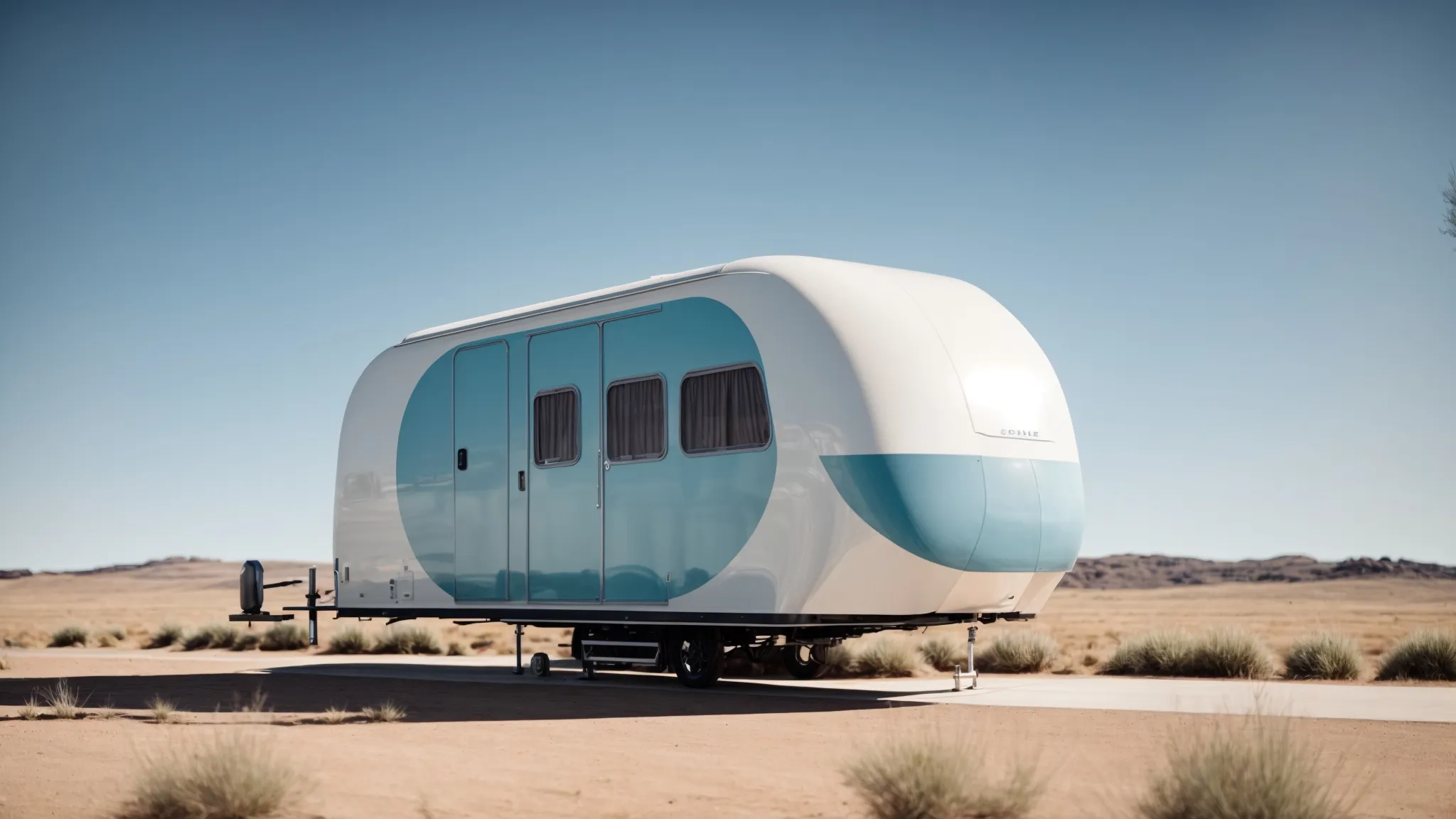 a sleek, modern caravan crafted from fiberglass glides effortlessly through an expansive, scenic landscape under a clear blue sky.