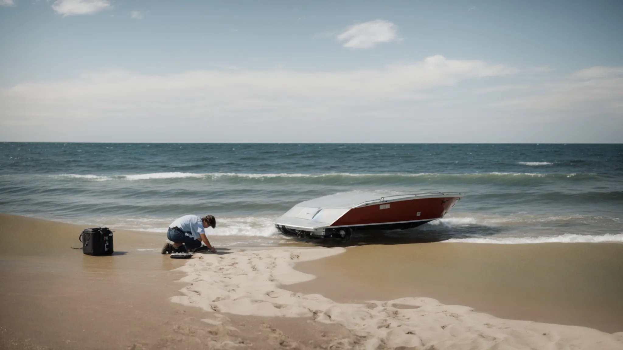 a boat trailer stands quietly by the water's edge, its owner kneeling to inspect the springs underneath as waves gently lap nearby.