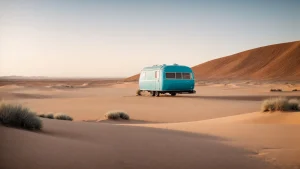a solitary caravan stands in the middle of a vast desert under a clear blue sky.