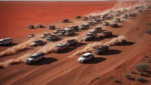 a caravan of vehicles winds its way through the dusty red landscape of the australian outback.