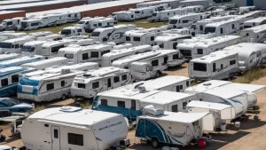 rows of recreational vehicles and campers are neatly parked in an open-air storage facility under a clear blue sky.