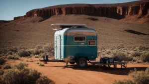 a rugged off-grid trailer is parked amidst the vast, untouched wilderness of the australian outback under a clear blue sky.
