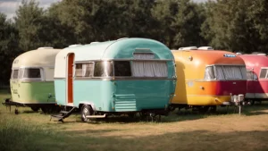 a row of colorful compact caravans parked in a sunlit field surrounded by trees.