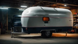 a trailer, detached from any vehicle, sits elevated, exposing its undercarriage and newly installed suspension kit in a well-lit garage.