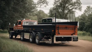 a truck is parked with a drop-down tow hitch attached, ready to tow a trailer.