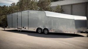 a sleek enclosed motorcycle trailer is hitched to a truck, parked on a smooth, concrete driveway.