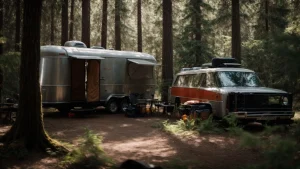 a car is parked next to a trailer and tent set up in a serene camping site surrounded by trees.