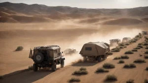 an off-road vehicle tows a rugged trailer along a dusty, unpaved path through a wide-open landscape.
