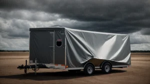 a box trailer sits covered in a clear, heavy-duty tarp, secured with strong straps against a cloudy sky background.