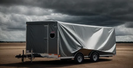 a box trailer sits covered in a clear, heavy-duty tarp, secured with strong straps against a cloudy sky background.