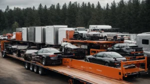 a car hauler trailer is parked with several new vehicles secured on its two-tier rack, ready for transport.