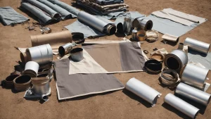 a collection of metal frames and fabric rolls spread on the ground, ready to be assembled into a caravan awning.