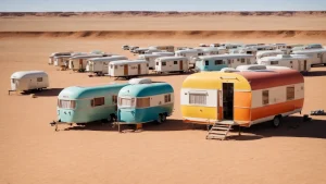 a line of colorful small caravans is parked in a vast australian desert under a clear blue sky.
