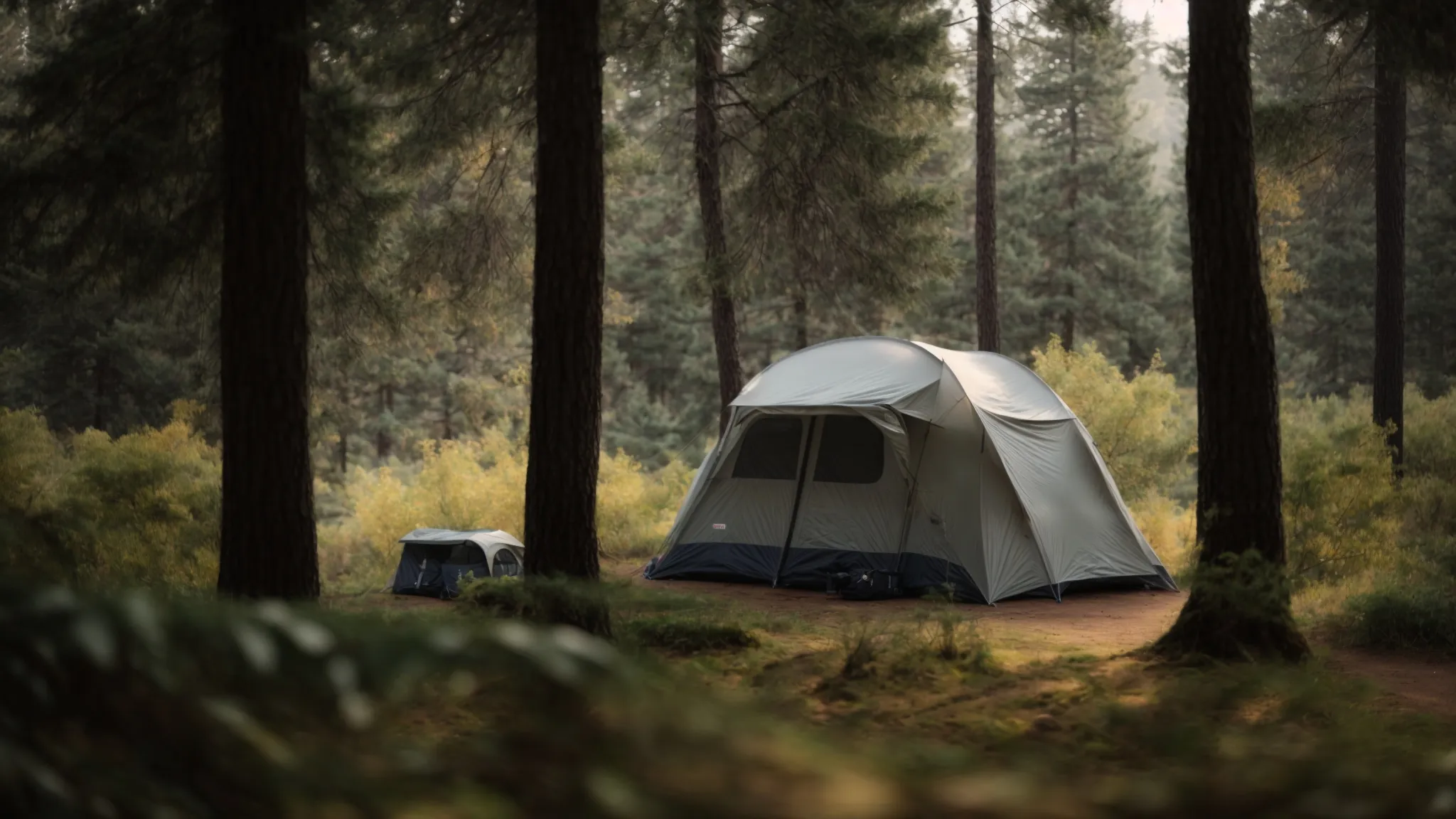 a camper sits under a protective cover with slight openings allowing air to circulate, parked away from overhanging trees.