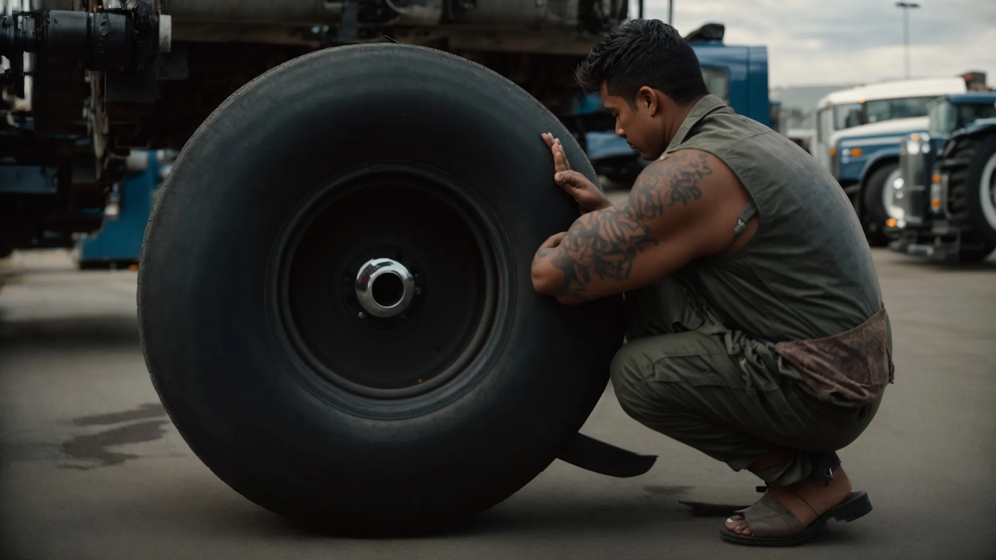 a mechanic adjusting a large tire on a semi-truck with the underside of the trailer visible in the background.