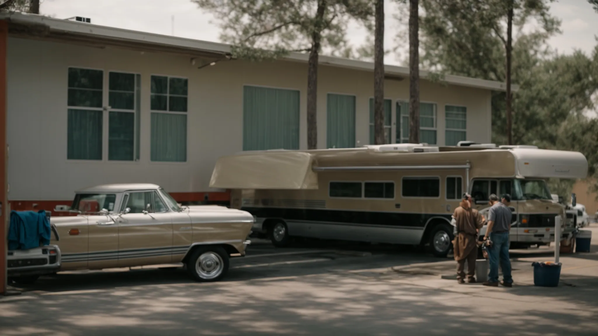 an rv parked outside a storage facility on a clear day, being cleaned and inspected by its owner.