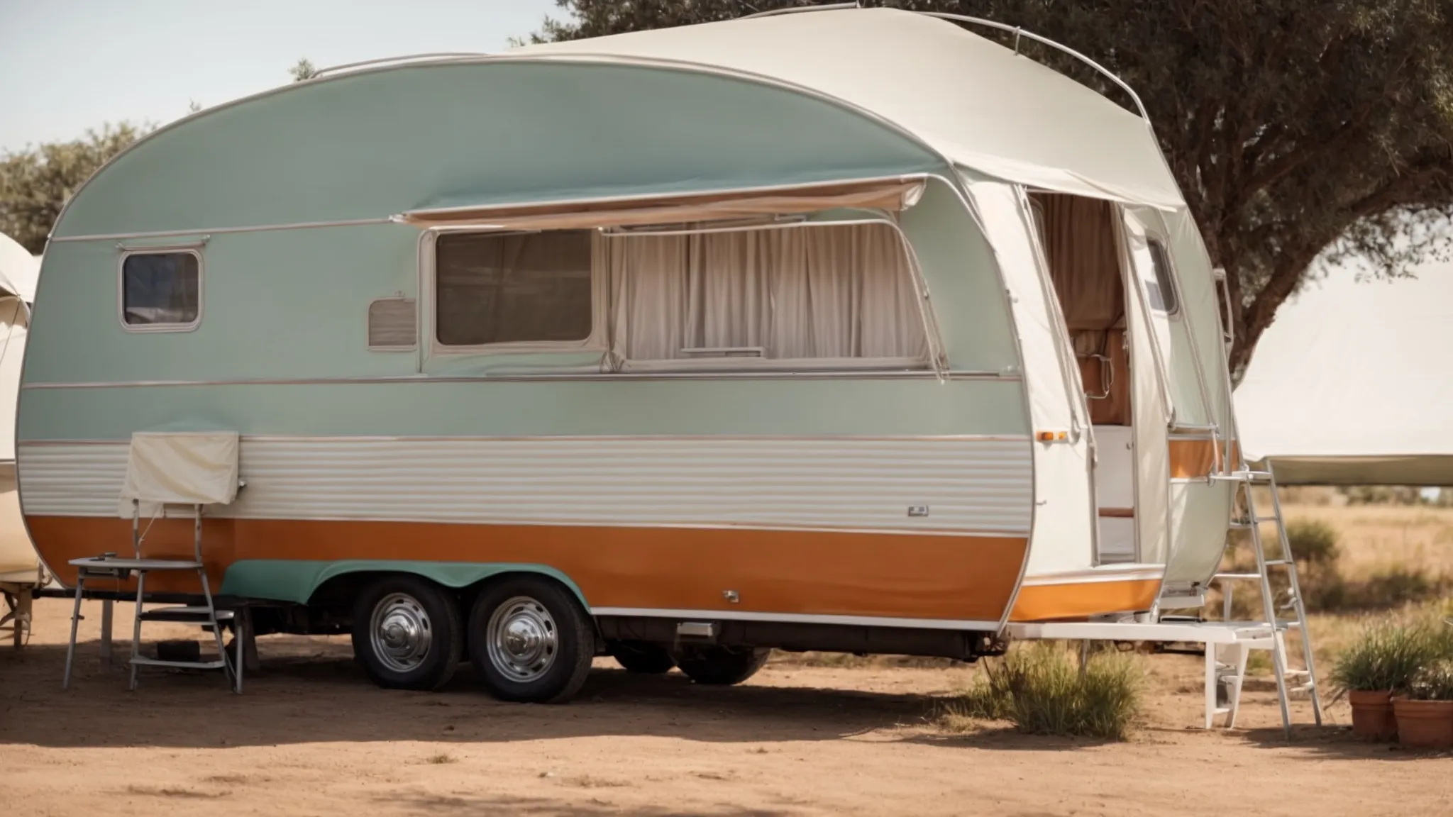 a caravan parked under a clear sky with a visibly well-maintained awning extended to provide shade.