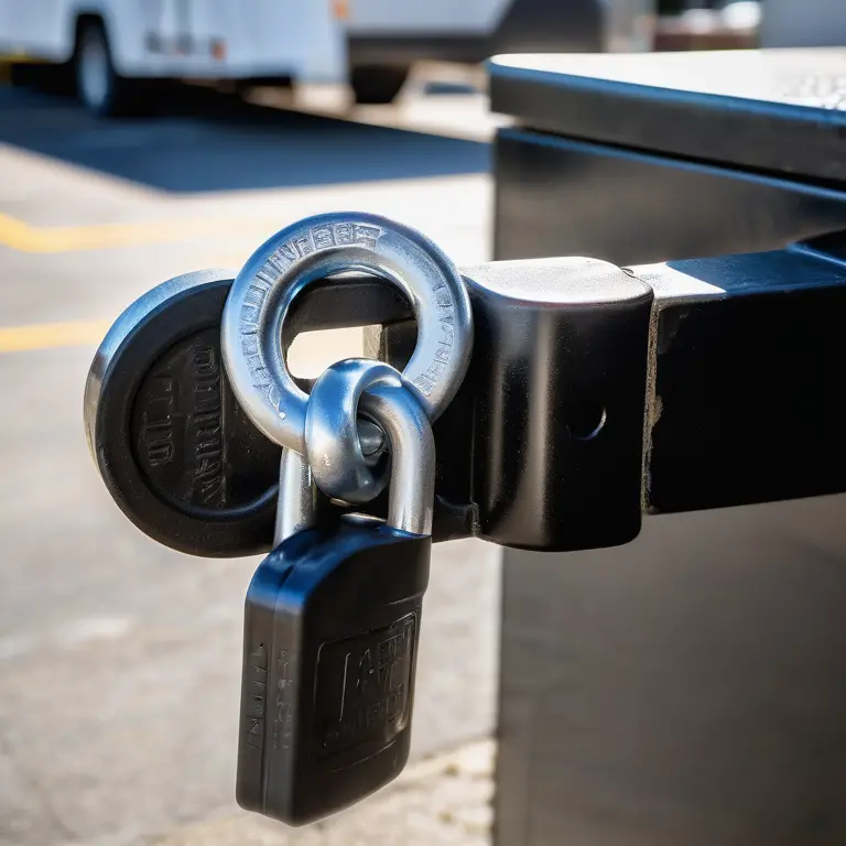 Close-up of a silver tow hitch lock on a black trailer coupling, highlighting trailer security.