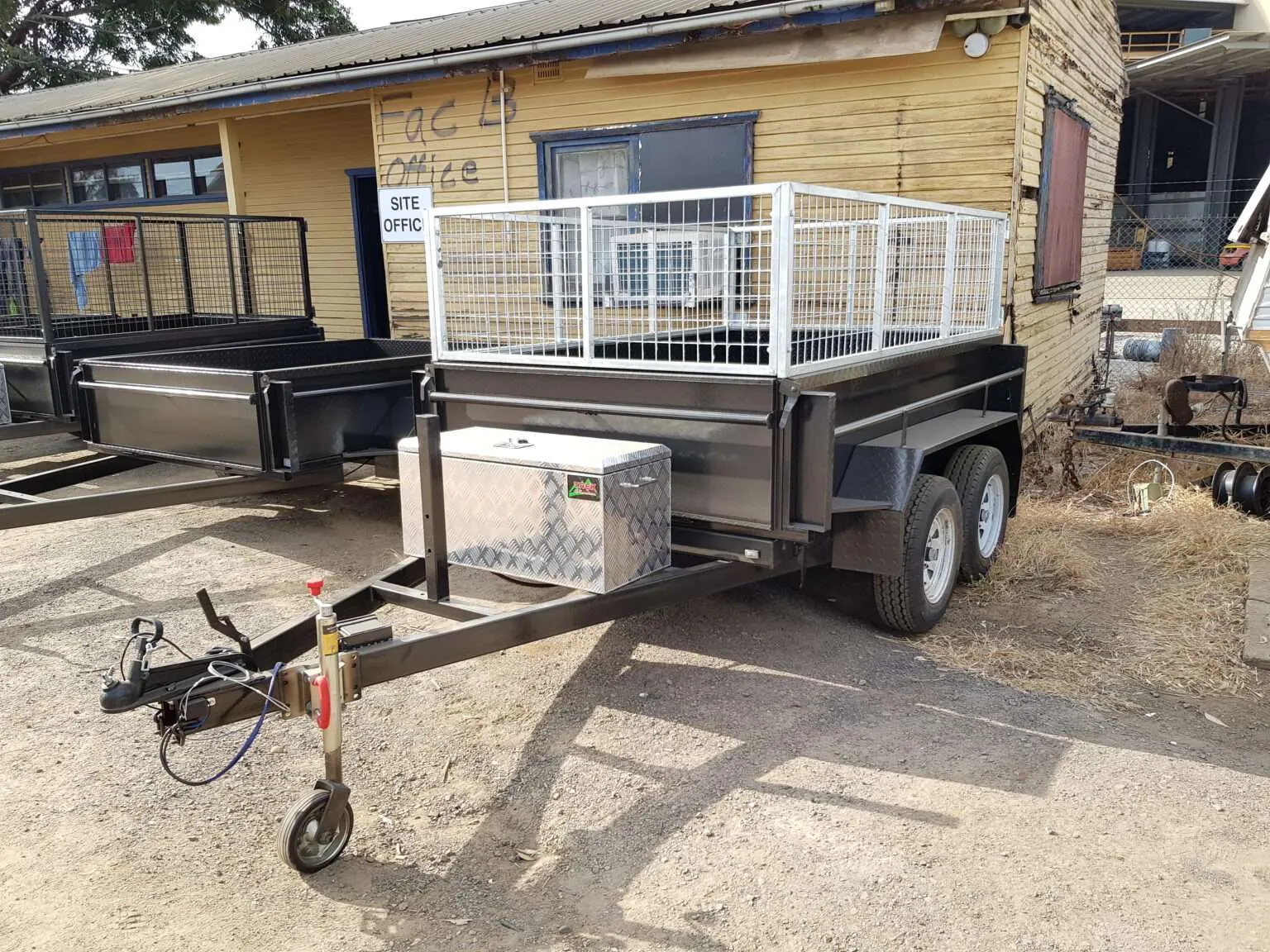 Galvanised box trailer with a mesh cage